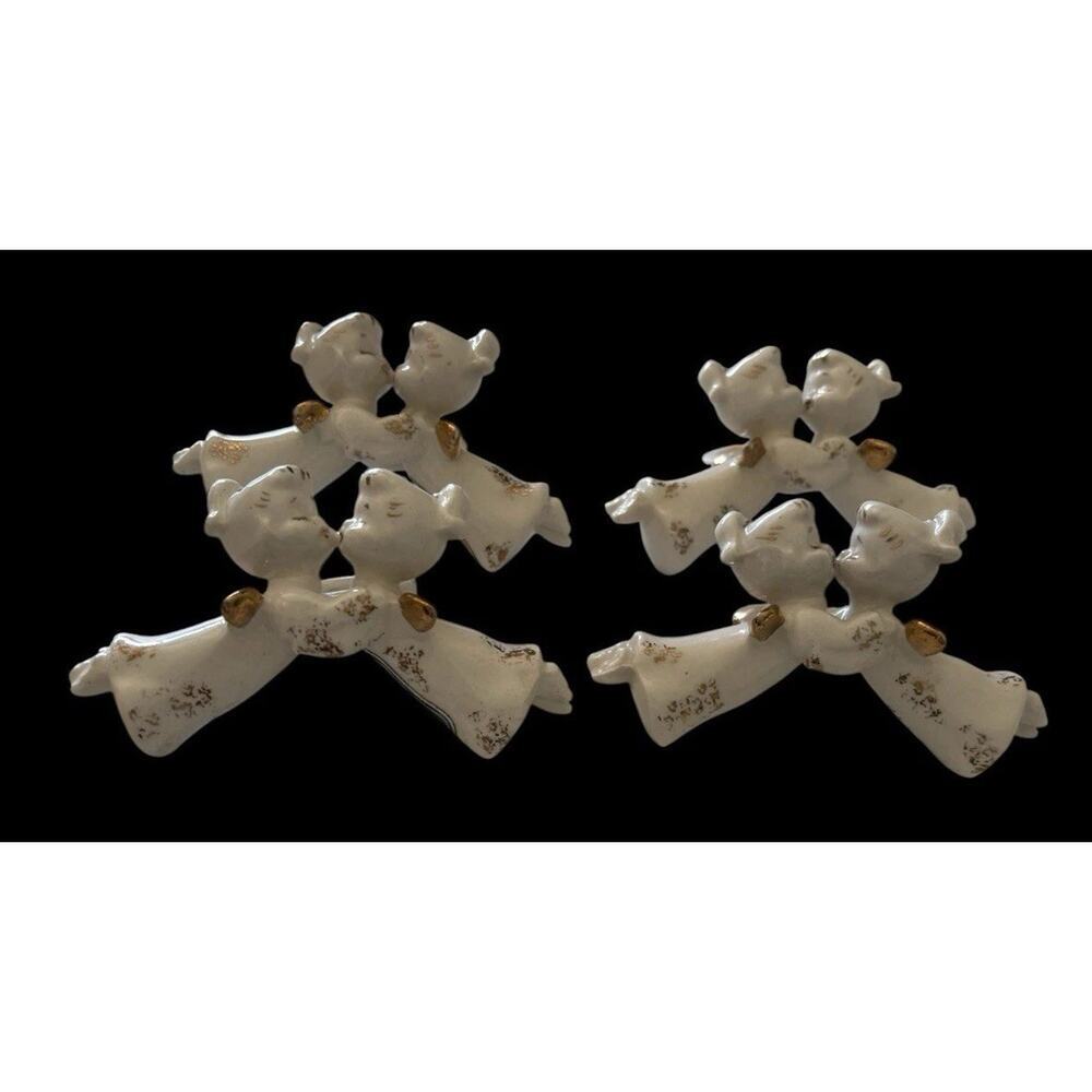 Set Of 4 Kissing Angels Candle Ornament Off White & Gold Pottery Vintage Taper